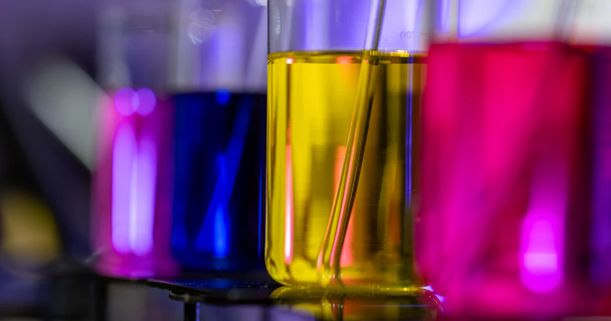 Colored liquids in laboratory beakers on a rack