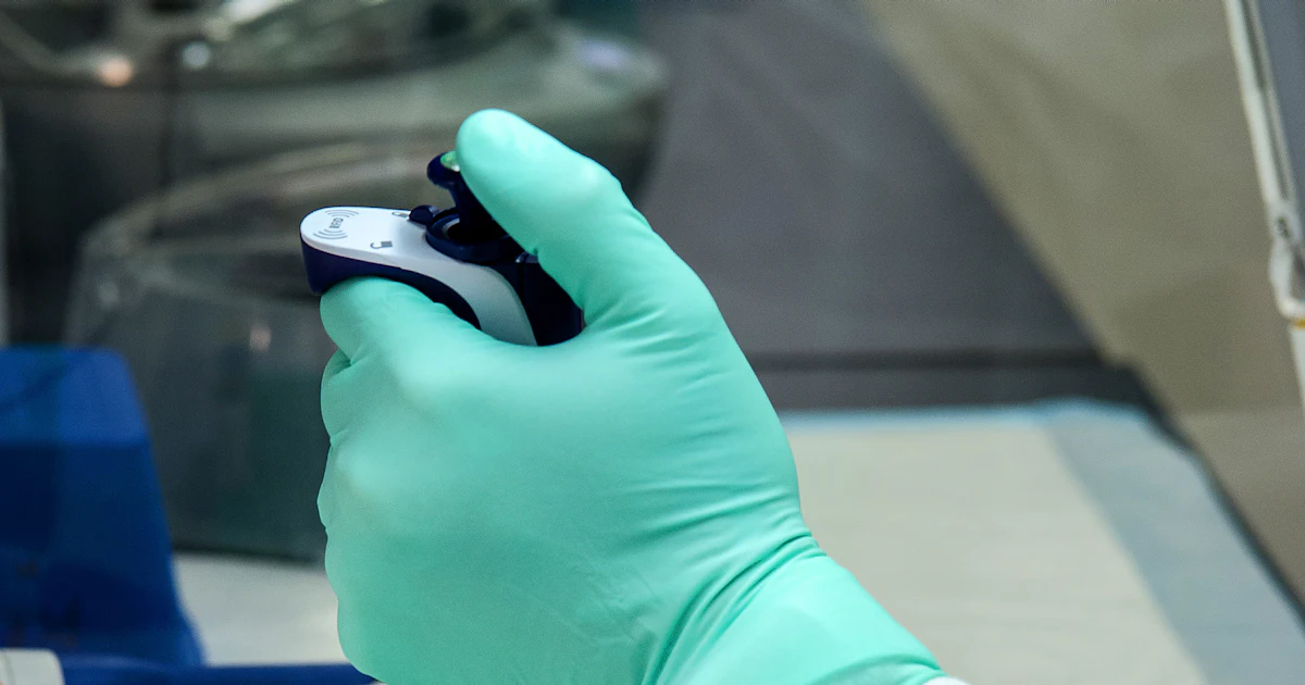 Gloved hand holding a laboratory pipette