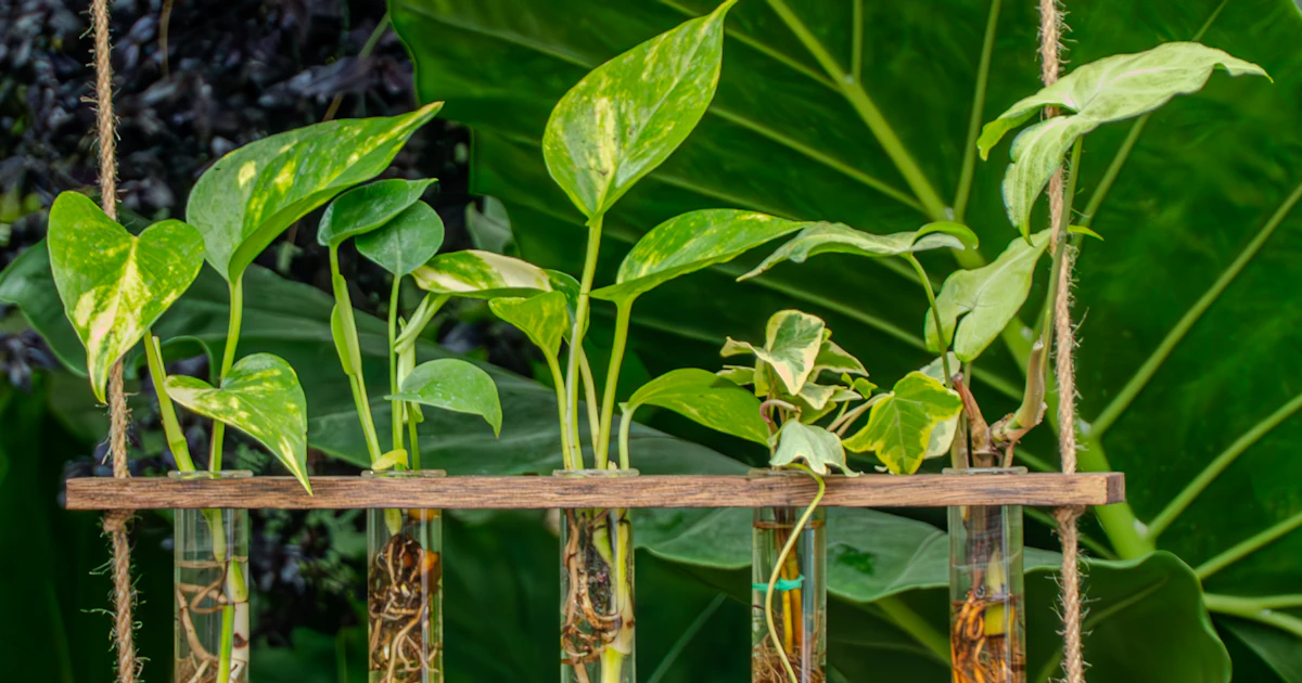 Young plants growing in test tubes of water