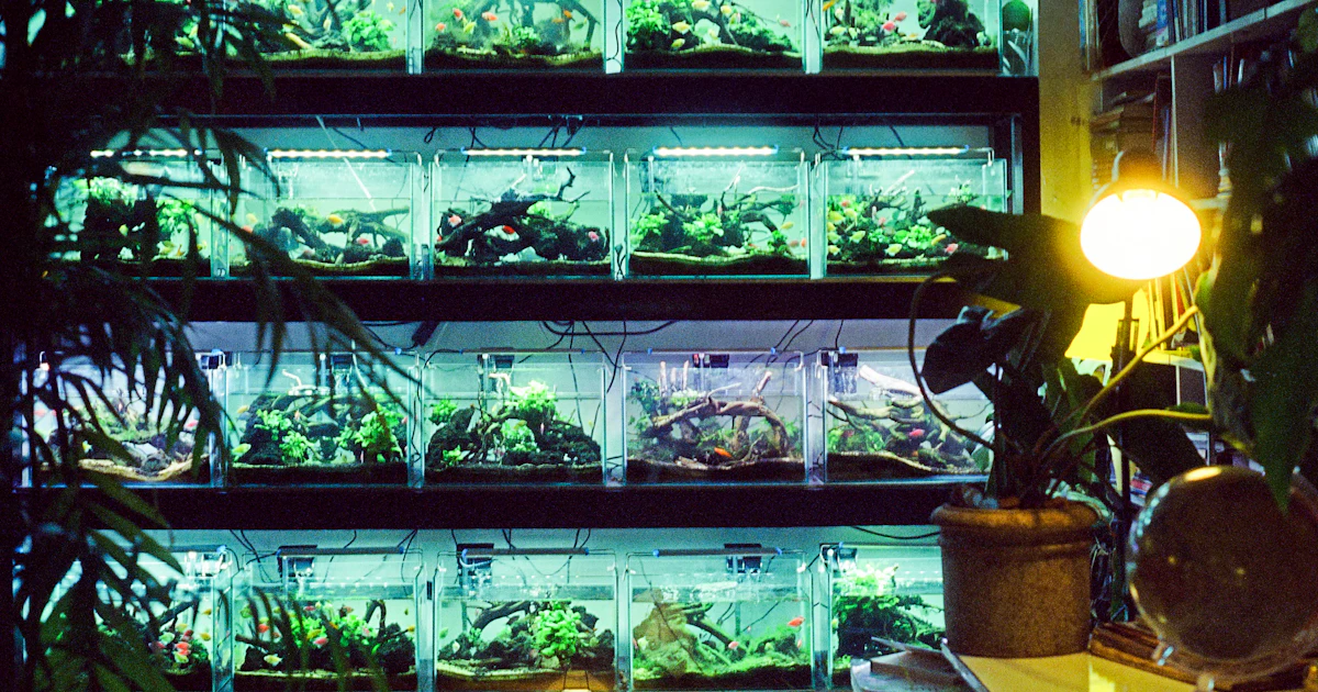 Plants growing in lit glass tanks