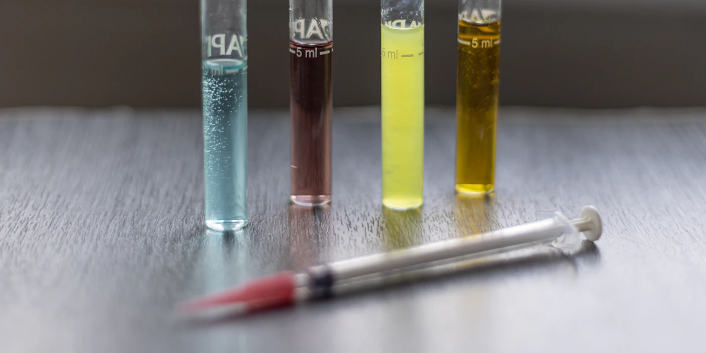 Test tubes of colored liquids beside a syringe